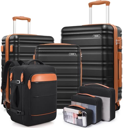 7 Piece Luggage Sets with Premium YKK Zipper, 20/24/28in PC Hardside Suitcase With Spinner Wheels, Luggage Airline Approved, Durable Suitcase Sets with TSA Locks for Travel - color: Black, size: 7 piece set (20/24/28inch)