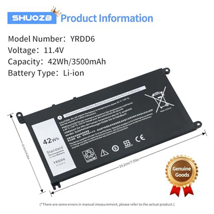 YRDD6 42Wh Laptop Battery Replacement for Dell inspiron 14 15 17 3000 3501 3582 3583 3584 3593 3493 3793 5480 5481 5482 5485 5491 5493 5584 5585 5590 5591 5593 5594 5598 7586 Vostro 5481 1VX1H P93G