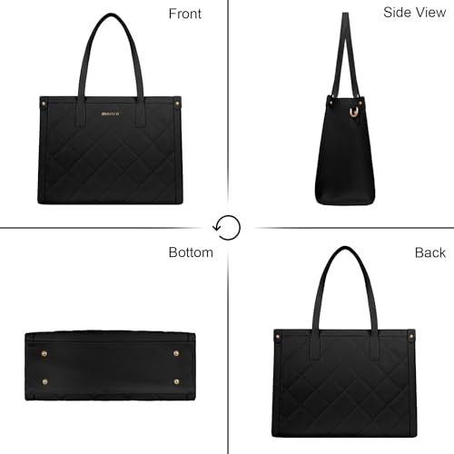 MOSISO Laptop Tote Bag for Women, 15.6 inch PU Leather Work Bag | Rhombus Quilted Tote Bag with Cup Holder & Clutch Purse, Large Capacity Teacher Computer Briefcase for Business Office, Black