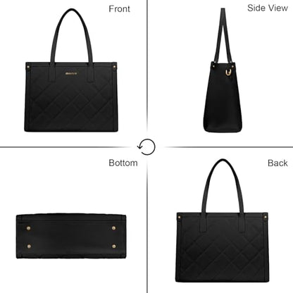 MOSISO Laptop Tote Bag for Women, 15.6 inch PU Leather Work Bag | Rhombus Quilted Tote Bag with Cup Holder & Clutch Purse, Large Capacity Teacher Computer Briefcase for Business Office, Black