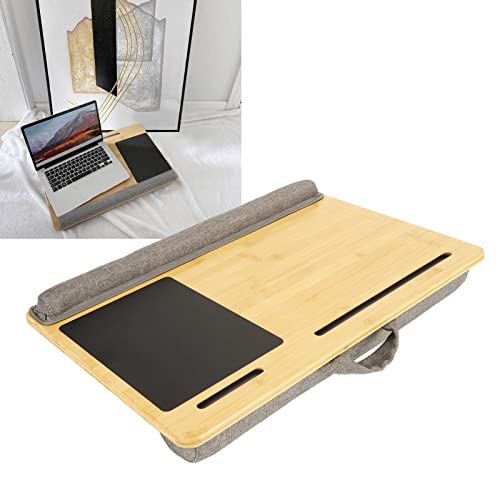 21.7x14.2 Inch Bamboo Laptop Lap Desk for Remote Workers Studying from Home,Supports up to 18.5 Inch Laptops,Built in Pu Leather Mouse Pad Wrist Slot,Comfortable Pillow