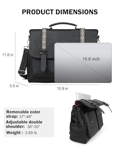 Messenger Bag for Women, 17L Leather Satchel Backpack Purse | Large Laptop Briefcase Multi Pocket Shoulder Bags, Spacious Compartments for Office, Travel, Work, Business, Daily Gift - color: Black Retro Style