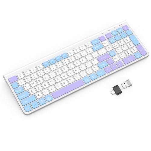 GAMCATZ Colorful Wireless Keyboard with Low-Profile Keys-Soft Touch,Cute,Quiet Design,Windows & Mac OS，Office Cordless Slient Computer Keyboard for Desktop,Laptop, PC, Mac, Windows-Purple Blue White - color: Purple White