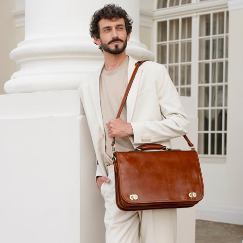 Time Resistance Leather Briefcase for Men - Italian Full Grain Leather Laptop Bag - Messenger Bag - Gift Box Included - color: Brown