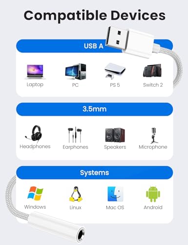 Fidioto 2 Pack USB A to Audio Jack Adapter, White Braided Cable USB to 3.5mm Adapter Compatible with Speaker, Headphone,PC,Laptop,Linux,Desktops,PS4 and More Devices - size: 2 Pack