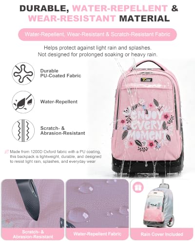 NEW TILAMI 19 Inch Rolling Backpack with Lunch Bag School Stair-Climbing | Stair-Climbing Teen Boys Girls Carry-on Suitcase Large Compartment 15.6 Laptop Sleeve Adjustable Handle Roller Travel Bag - color: Flower Pink
