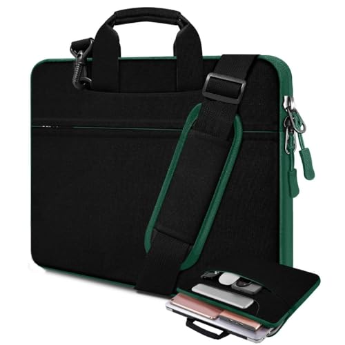 Laptop Case 15.6 inch Shoulder Bag, Durable Shockproof Protective Computer Carrying Briefcase with Multi-Pockets and Strap Compatible with Most 15.6 inch Notebooks,Black-Green - color: Black-green, size: 15.6"