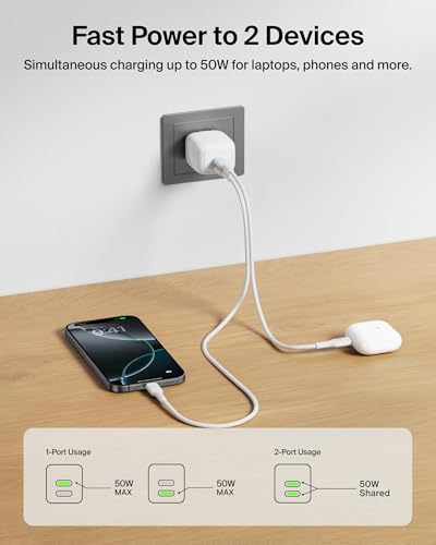 Belkin 2-Port USB C Charger Block 50W, Dual-Port GaN Charger w/ 2X USB C Ports & Included 1M C-C Cable, Fast Charging for MacBook, iPhone, iPad, Chromebook, Galaxy, Pixel - Travel Essentials - White - style: Single Pack + USB-C Cable