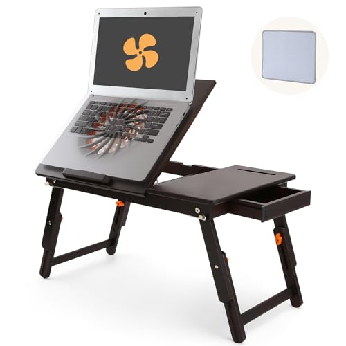 Nnewvante Laptop Desk with Fan 7 Angles & 4 Heights Adjustable,Black Walnut | Bamboo Foldable Lap Desk with Drawer, Phone Slot for Bed Floor - color: Black Walnut, size: 21.6" with Fan