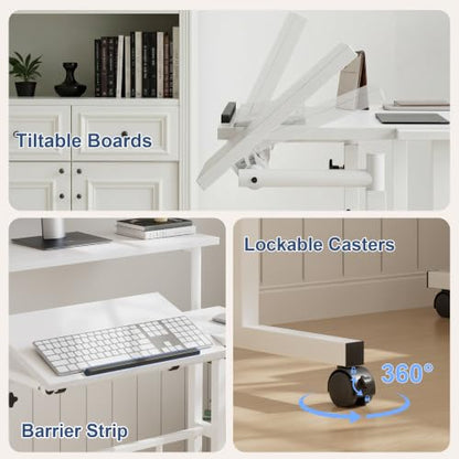 VECELO Mobile Small Standing Desk Adjustable Height, Computer Workstations with Tiltable Tabletop, Lockable Wheels, Portable Rolling Laptop Desk for Home Office, White - color: White