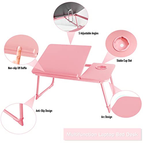 Laptop Bed Desk for Couch, 5-Angle Adjustable Laptop Bed Table for Adults | Foldable Lap Desk for Adults with Cup Holder, Bed Desk for Laptop and Writing,Working,Eating,Bed Tray Table for Laptop, Pink
