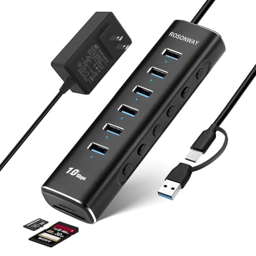 8-Port Powered USB 3.2 Hub 10Gbps with SD/TF Reader, RSH-A107D | USB Splitter with 6 USB-A 3.2 Gen 2 Data Ports, SD/TF Card Reader, 3.3ft USB Cable and 12V/2A Power Adapter for Laptop PC
