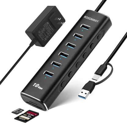 8-Port Powered USB 3.2 Hub 10Gbps with SD/TF Reader, RSH-A107D | USB Splitter with 6 USB-A 3.2 Gen 2 Data Ports, SD/TF Card Reader, 3.3ft USB Cable and 12V/2A Power Adapter for Laptop PC