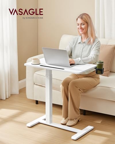 VASAGLE Overbed Table with Wheels, Mobile Standing Computer Desk, 27.6 x 15.7 Inches Tabletop, Adjustable Height, 2 Cup Holders, Phone and Tablet Slot, Cloud White ULSD600W01 - size: 27.6"W x 15.7"D