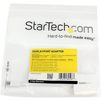 StarTech Mini DisplayPort to VGA Adapter, 1920 x 1200, White (MDP2VGAW) | mDP 1.2 HBR2, EDID & DDC pass-through, Thunderbolt 1/2 Mac/PC, No drivers, 1080p, mDP 1.2 to VGA dongle, Screw locking VGA
