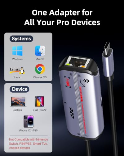 2.5Gb USB C to Ethernet Adapter with PD 100W, USB Network Adapter, RJ45 LAN | 2500Mbps Speed | Plug & Play | USB-C to RJ45 and PD Charging | RTL8156B Chipset | NAS, Laptop Compatible | Windows Mac Linux
