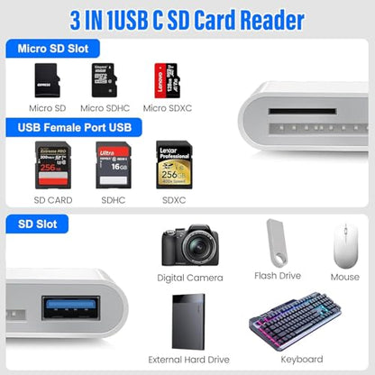 SD Card Reader for iPhone iPad, Built-in Lightning USB-C Dual Port SD Card Adapter with SD MicroSD USB 3 Slots Trail Camera Memory Card Viewer, No App Required, Plug and Play