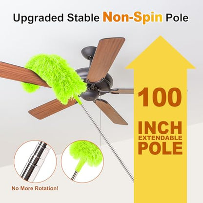 Tiumso Duster with Extension Pole 100 inch Extendable Reusable Dusters for Cleaning 5-in-1 Anti-Spin Dusting Kits for High Ceiling Fans, Cobwebs & Vents, Reinforced Stainless Steel Telescopic Handle - color: Lime Green