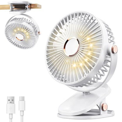 iNeibo 4000mAh Portable Clip on Fan with LED Lights, Battery Operated USB Desk Fan,4 Speed Quiet Rechargeable Mini Table Fan, 360° Rotate Personal Cooling Fan for Home Office Stroller Camping (White) - color: White