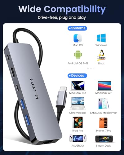 LENTION 6 in 1 USB C Hub, Ethernet, 4K@60Hz HDMI, 100W PD, USB 3.0 Adapter | Stable Driver Dock for Students & Office Staff, Fits MacBook Pro/Air, Surface, Chromebook for School, Office & Travel (C26b)