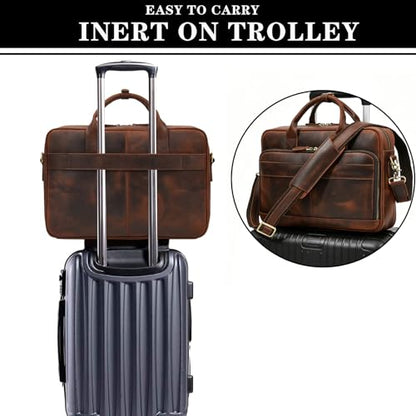 Leather Laptop Bag for Men Briefcase Fits 15.6 Inch Notebook Portable Shoulder Messenger Crossbody Bag for Travel Office - color: Dark Brown