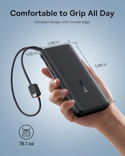 Baseus 100W Power Bank 20000mAh, Portable Laptop Charger with Built-in USB-C Dual Cables, Travel Essential PD QC Fast Charging for MacBook, iPad, iPhone 17/16, Samsung, Steam Deck, TSA-Approved - color: Dark Black