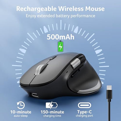 Acer Ergonomic Mouse Wireless Rechargeable with Side Scroll for Laptop/Mac | Bluetooth Computer Mouse (BT5.2+2.4GHz) with 8 Buttons, Medium to Large Sized Hands, Office USB Mice, 4800 DPI