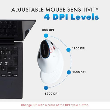 J-Tech Digital Wireless Mouse, Vertical Ergonomic Mouse with Bluetooth Dual Modes + USB Dongle + Rechargeable w/ 2.4GHz Wireless + Adjustable DPI 3200 for Laptop, Desktop, PC, Mac [V638W], White
