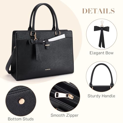 Missnine Laptop Tote Bag for Women 15.6 Inch Leather Work Bags Teacher Computer Purse Briefcase Handbag for Office, Travel - color: Bow Black