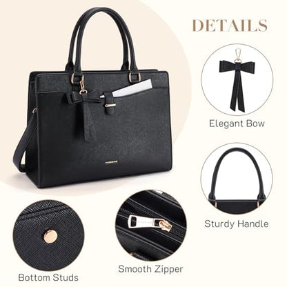 Missnine Laptop Tote Bag for Women 15.6 Inch Leather Work Bags Teacher Computer Purse Briefcase Handbag for Office, Travel - color: Bow Black