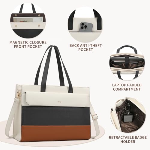 Keyli 3pcs Laptop Bag for Women 15.6 Inch Leather Work Tote Bags Professional Business Office Computer Shoulder Briefcase - color: Sets-black-white-brown
