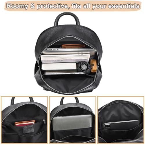 Genuine Leather 15.6 Inch Laptop Backpack for Men, Multi Pocket Casual Daypack Shoulder Bag for Business Travel Outdoor, Black - color: Black