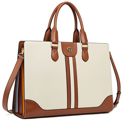 BOSTANTEN Leather Laptop Briefcase for Women Shoulder Bag 15.6 Inch Business Computer Work Tote - color: B-beige