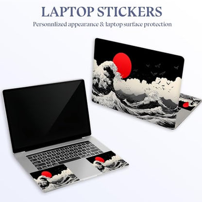 Universal Laptop Skin Sticker Decal,15.6 Inch Laptop Vinyl Cover for 13" 14" 15.6" Laptop,Scratch-Resistant Waterproof Protector Wrap,Reusable with Wrist Pads,Red Sun Great Wave - color: Red Sun Great Wave