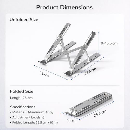 Portable Foldable Laptop Stand for Travel, Adjustable Aluminum Laptop Stand Riser for Desk, Ergonomic Computer Stand with Pouch for 16–18 Inch Laptops (Silver)