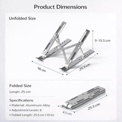Portable Foldable Laptop Stand for Travel, Adjustable Aluminum Laptop Stand Riser for Desk, Ergonomic Computer Stand with Pouch for 16–18 Inch Laptops (Silver)