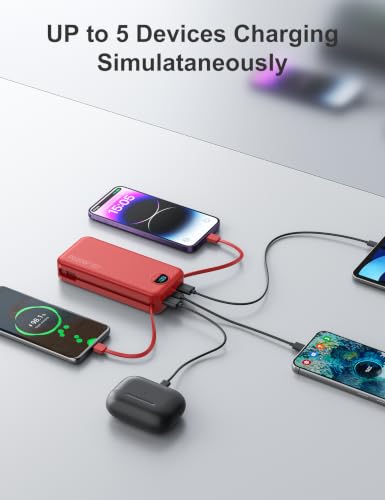 20000mAh Ultra Portable Charger Power Bank with inBuilt Cables&AC Wall Plug | PD20W USB-C Fast Charging Cell Phone Charger Battery Pack,LED Display Travel Battery Bank for All iPhone,Samsung,Android - color: Red-20Ah