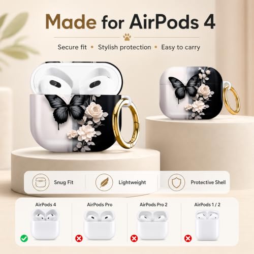 Compatible with AirPod 4 Case 2024, Cute Hard Plastic Protective Cover for Airpod 4th Generation Women, Shockproof Shell Skin with Gold Ring Keychain,Black Butterfly White Flowers Gray Leaf - color: Black Butterfly White Flowers Gray Leaf