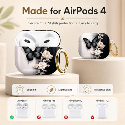 Compatible with AirPod 4 Case 2024, Cute Hard Plastic Protective Cover for Airpod 4th Generation Women, Shockproof Shell Skin with Gold Ring Keychain,Black Butterfly White Flowers Gray Leaf - color: Black Butterfly White Flowers Gray Leaf