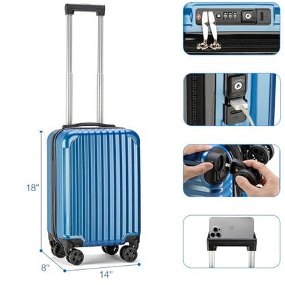 Personal Item Suitcase 18x14x8 Inches Hardside Built In TSA Lock & USB Port Lightweight Luggage Silent Double Spinner Wheels Maximum Underseat Carry-On Bag For Spirit and Frontier (Royal Blue) - color: Royal Blue