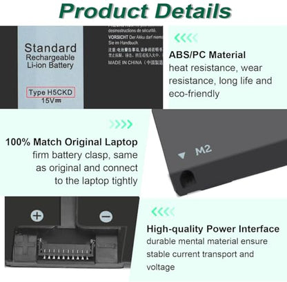 53Wh H5CKD 15V Battery Replacement for Dell Inspiron 5400 5406 7405 7300 | 7306 7500 7506 2-in-1 Silver 5300 5301 5401 5402 5408 5409 5501 5502 5508 5509 Series Latitude 3410 3510 Vostro 5300 5301 - size: 9.38*3.88*0.25inch H5CKD