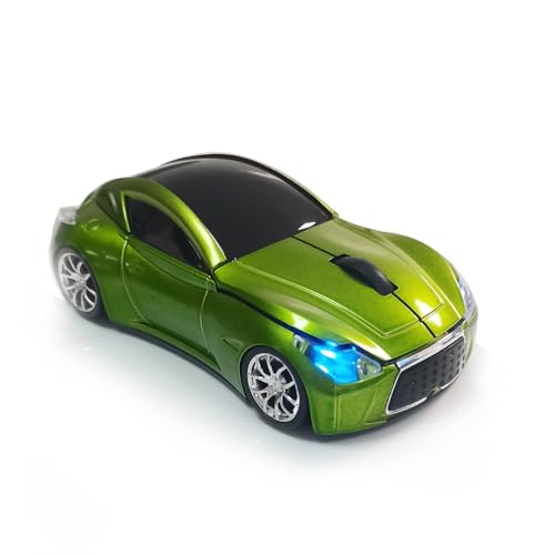 Car Mouse for Computer, Wireless Car Shaped Mice for Laptop, PC, Mini Cute Mouse with 2.4Ghz USB Receiver, 3D, 1600DPI, Silent Clicks, LED Headlights (Green) - color: Y-Green