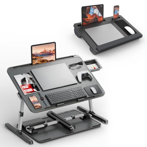 Potuopy Lap Desk Bundle, 2 Pack – Soft Cushion Lap Desk with Wrist Pad, 2 Mouse Pads & Slots + Adjustable Foldable Wood Grain Laptop Tray with Storage Drawer, Fits 17 Inch Laptop for Bed Couch Floor
