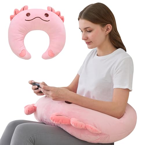 Cute Gaming Pillow for Lap - Plush Reading & Crocheting Pillow for Sitting in Bed, Soft Arm Support Cushion for Tablet/iPad, Kawaii Room Decor Gift Teen Girls & Pink Axolotl Lovers - color: Pink Axolotl