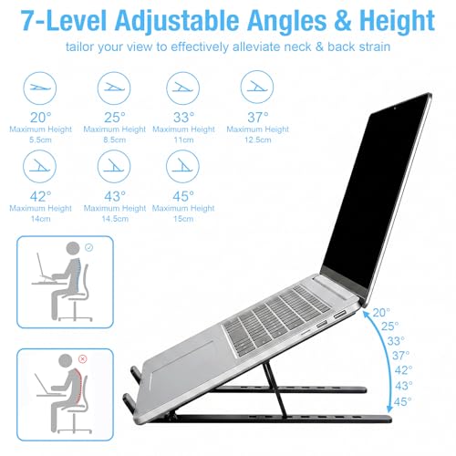 Marte Vanci Laptop Stand for Desk, Portable Computer Riser with 7 Adjustable Angles, Foldable Notebook Holder Ergonomic Ventilated Cooling Aluminum Computer Stand for Laptops Tablets up to 16” Black - color: Black
