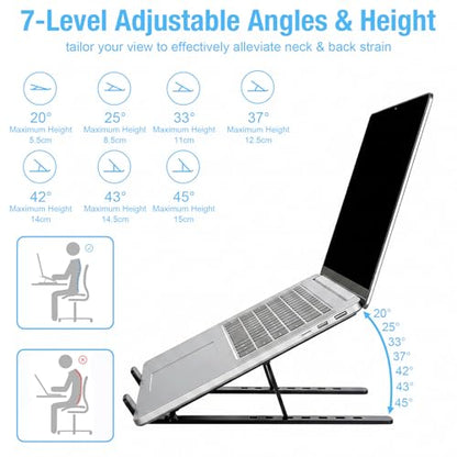 Marte Vanci Laptop Stand for Desk, Portable Computer Riser with 7 Adjustable Angles, Foldable Notebook Holder Ergonomic Ventilated Cooling Aluminum Computer Stand for Laptops Tablets up to 16” Black - color: Black