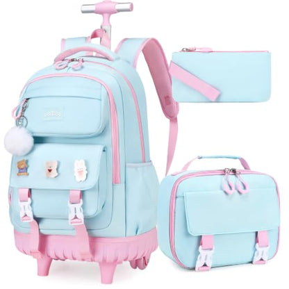 DIGOBAY Rolling Backpack for Girls, Roller Bag with Lunch Box Pencil case | Kawaii Girls Roller Backpack With Wheels School Bookbag With Cute Pins for Elementary Middle School, Aquamarine Pink - color: Aquamarine-pink