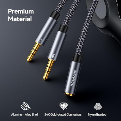 SAMZHE Headphone Splitter for Computer 3.5mm Female to 2 Dual 3.5mm Male Braided Audio Splitter Cable Microphone Stereo Jack Earphones Port Cord Gaming Headset to PC Laptop Adapter Black