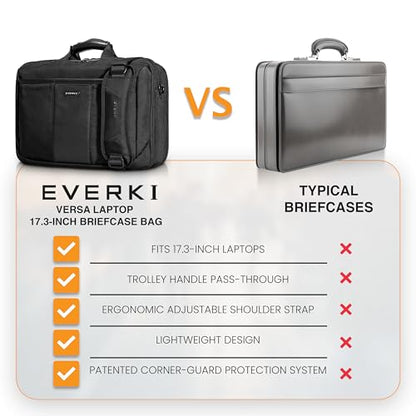 EVERKI Versa Laptop Briefcase Bag for Men & Women, Black - 17.3 Inches | Premium Leather Ballistic Nylon, Heavy-Duty, Water-Resistant, Business, Travel-Friendly Bag, Multiple Pockets, 25 Liters