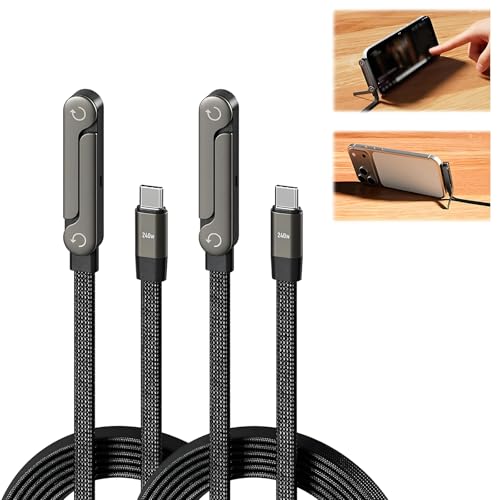 2-in-1 Invisible Stand Charging Cable, 240W USB-C Fast Charge, 5FT | Zinc-Alloy & Braided Nylon for Desk/Travel/Gaming, Foldable Invisible Stand with 360° Ergonomic Angle, Tangle-Free Flat Cord - color: Black 2pcs
